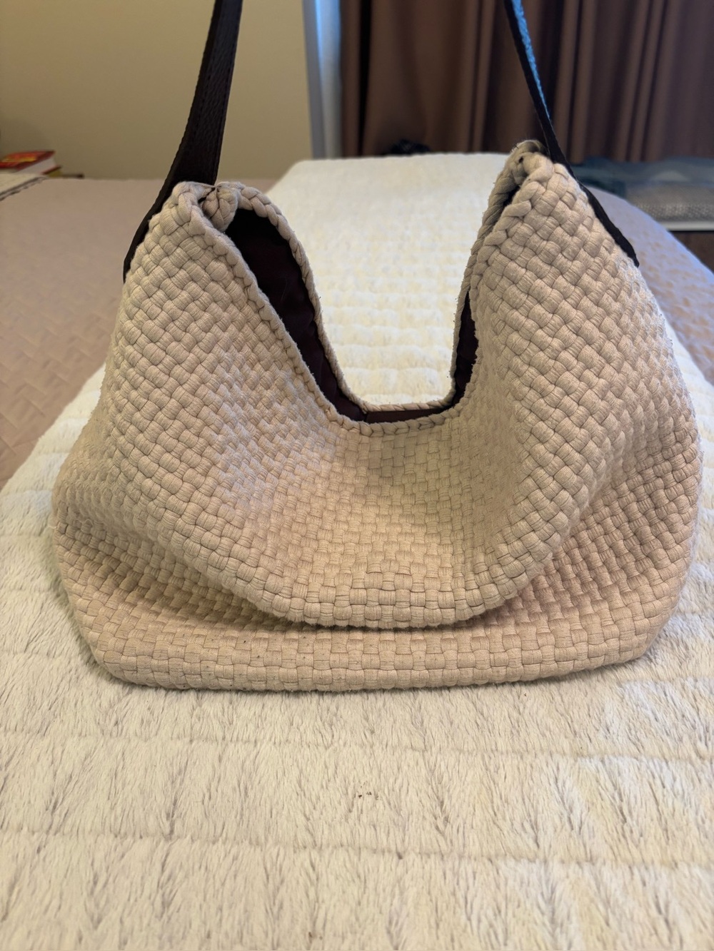 Rags2Riches- Cream Woven Hobo Bag with Brown Strap